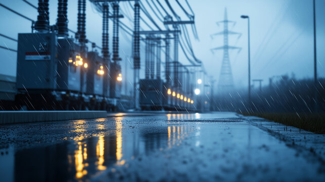 Rain pouring down over a vast electrical substation, power transformers glistening with water droplets, steam rising from the heated metal surfaces as thick high-voltage cables str