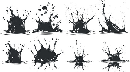Vector illustration of black liquid splash droplets on white background.