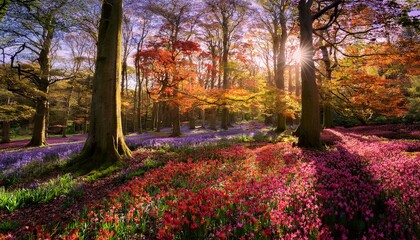 Naklejka premium Behold enchanting spectacle of an English forest where ever-changing seasons paint a mesmerizing tapestry of vibrant blooms in spring and a kaleidoscope of rich autumnal hues