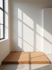 "Elegant Minimalist Cork Board Platform Bathed in Soft Window Light for Placement Product"