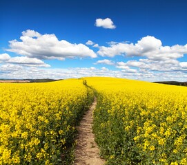 Obraz premium Field of rapeseed, canola or colza with path way