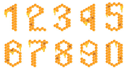 Cartoon honeycomb numbers. Honey cell comb number abstract texture font, honeybee hive sweet one two five zero yellow gold mead style, beekeeping farm food neat vector illustration