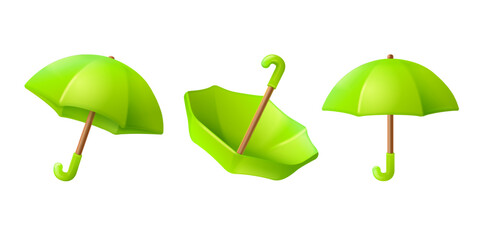 3d umbrellas icons. Render umbrellas cartoon icon, waterproof parasol rain weather protection insurance safe water shield travel or autumn meteo concept, exact vector illustration © ssstocker