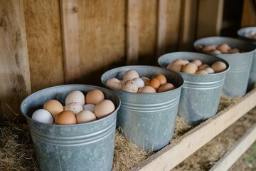 A row of various buckets filled with fresh eggs neatly arranged on a shelf, showcasing the abundance and variety of the egg collection.