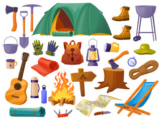 Cartoon hiking gear. Camping equipment, tourist adventure hike items survival tool travel outdoor vacation trip scout kit backpack tent map lantern, set tidy vector illustration