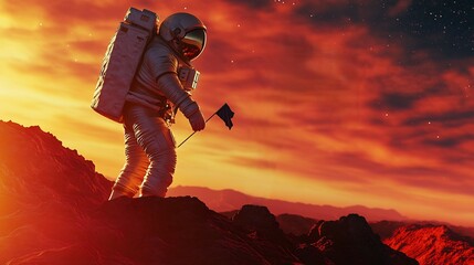 Astronaut planting a flag on a distant planet during a successful space mission on a dramatic red landscape