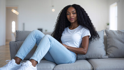 Fototapeta premium Bellissima ragazza di origini afro americane con capelli ricci lunghi neri vestita con jeans e maglietta bianca seduta sul divano