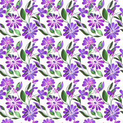 Obraz premium Hand-Painted Watercolor Floral Seamless Pattern with purple flowers and green leaves