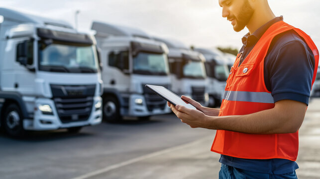 A logistics coordinator stands near a fleet of trucks in a parking lot, reviewing a detailed map on a tablet, adjusting routes to ensure timely delivery while managing multiple dri