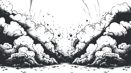 Black and white illustration of a dramatic explosion with smoke clouds.