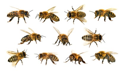 group of bee or honeybee on white background, honey bees