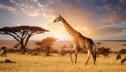 giraffe gracefully navigates its natural habitat on savanna with its long neck reaching for acacia trees while peacefully coexisting with other wildlife on African plains