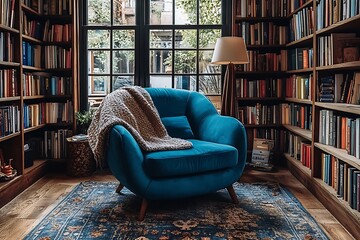 A cozy room with a comfortable chair surrounded by bookshelves