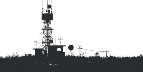 Obraz premium Silhouette of a communication tower with antennas against a white background.
