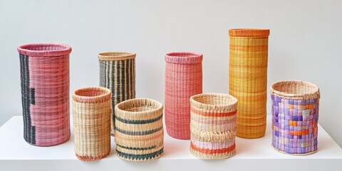 A shelf displays an array of baskets in various colors, showcasing a vibrant and organized collection perfect for storage or decoration.