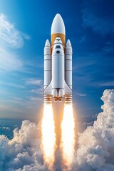 A powerful rocket launching into the sky, leaving a trail of smoke and fire