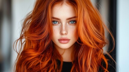 Obraz premium A stunning portrait of a young woman with vibrant red hair and striking blue eyes