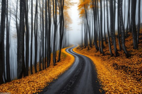A winding road through a foggy forest adorned with vibrant autumn leaves