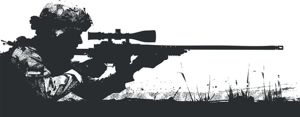 Silhouette of a sniper soldier aiming a rifle in a grassy field.