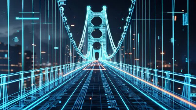 Futuristic 3D digital bridge with glowing lines and high-tech data points symbolizing connectivity and technology.


