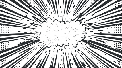 Black and white comic style explosion burst with radial lines.