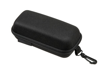 Durable black hard shell case with a zip closure and carabiner attachment, textured exterior,...