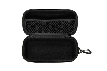 Black textured hard case with zipper and carabiner, ideal for organizing and protecting small items or accessories, isolated on a white back