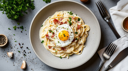 モダンなテーブルに盛り付けられたカルボナーラパスタ