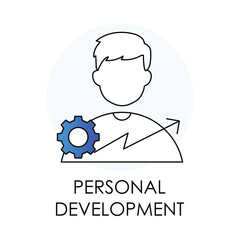  Vector icon for personal development. Outline icon showing a person with a gear and an upward arrow, representing growth, self-improvement, and skills enhancement.