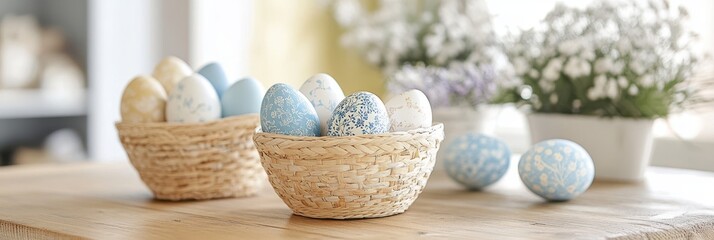 Obraz premium A vibrant basket filled with various colored eggs sits on a table, showcasing an array of hues and patterns, perfect for seasonal celebrations.