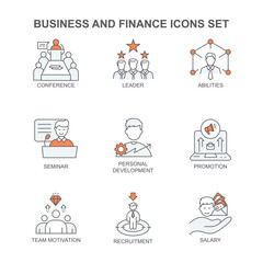Modern Corporate and Business Workflow Icons: From Seminars to Salary Management