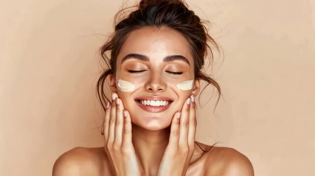 Close-up shot of a smiling woman applying face cream, highlighting skincare routine. Soft lighting and neutral background give a soothing video feel.