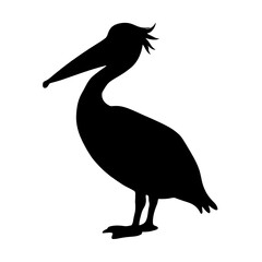 Minimalist black silhouette of a pelican standing on one leg