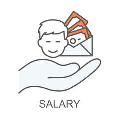 Vector icon for salary. Black and white outline icon of a hand holding money, symbolizing wages, compensation, and employee income.