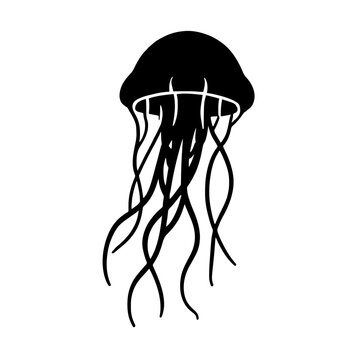 Minimalist black silhouette of a jellyfish with flowing tentacles