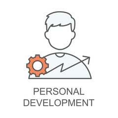  Vector icon for personal development. Outline icon showing a person with a gear and an upward arrow, representing growth, self-improvement, and skills enhancement.