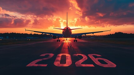 Airplane on Runway with 2026 Marking at Sunset, Airplane on runway with 2026 marking, sunset background