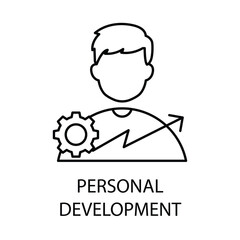  Vector icon for personal development. Outline icon showing a person with a gear and an upward arrow, representing growth, self-improvement, and skills enhancement.