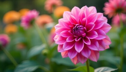 Close-up shot of a vibrant pink dahlia flower in full bloom, with a soft-focus background of green foliage and other flowers