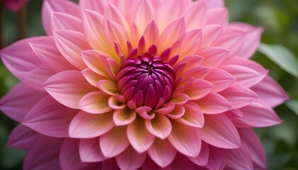 Close-up shot of a vibrant pink dahlia flower in full bloom, with a soft-focus background of green foliage and other flowers