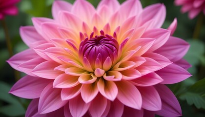 Close-up shot of a vibrant pink dahlia flower in full bloom, with a soft-focus background of green foliage and other flowers