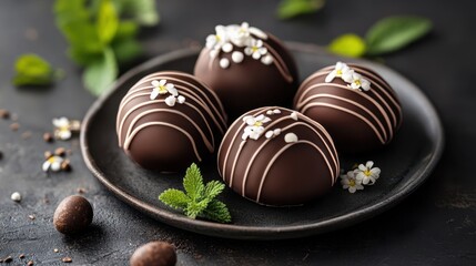 Delicious chocolate-covered chocolate balls elegantly arranged on a plate, complemented by decorative flowers and leaves for a delightful presentation.