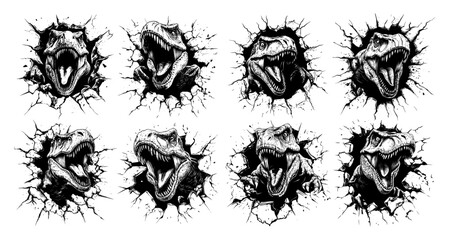 Black ink sketch trex concepts. Furious lizard angry scaled tyrannosaurus raptor with open mouth and fangs hole crawls out, giant predator reptile hunter dinosaur animal creature, isolated arts
