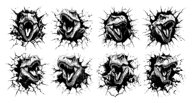 Black ink sketch trex concepts. Furious lizard angry scaled tyrannosaurus raptor with open mouth and fangs hole crawls out, giant predator reptile hunter dinosaur animal creature, isolated arts
