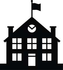 Classic School Building Silhouette Vector PNG with Clock and Flag for Educational and Creative Projects
