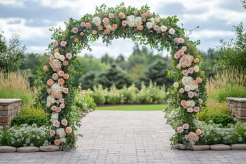 Obraz premium Wedding arch for an outdoor ceremony in a rustic style. The arch is decorated with soft pink roses. Wedding concept. Advertising banner.