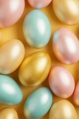 A lively arrangement of pastel-colored Easter eggs rests against a cheerful yellow backdrop, symbolizing springtime festivities and joyful celebrations Generative AI