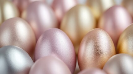 Stunning background of colored matte metallic easter eggs in dusty champagne gold, rose gold and silver tones, 