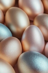 A cluster of colorful Easter eggs glimmers in pastel and metallic hues, embodying the spirit of spring amid blooming flowers and sunny skies Generative AI