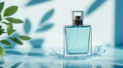 Elegant Perfume Bottle Surrounded by Light Blue Water and Soft Shadows Creating a Serene Fashion Statement
